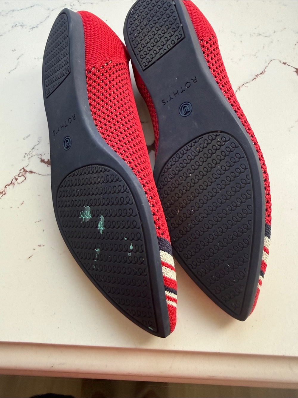 Rothy's Red Pointed Knit Flats with Navy & White Stripes - Picture 5 of 5